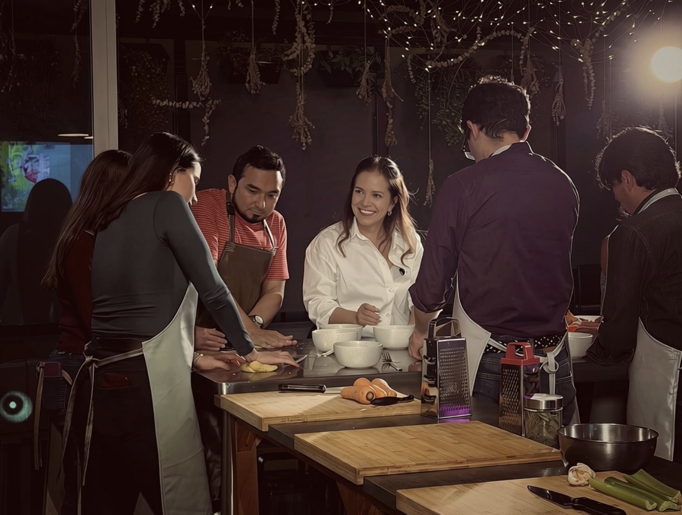 Equipo de empresa cocinando junto en el estudio de ConContraseña